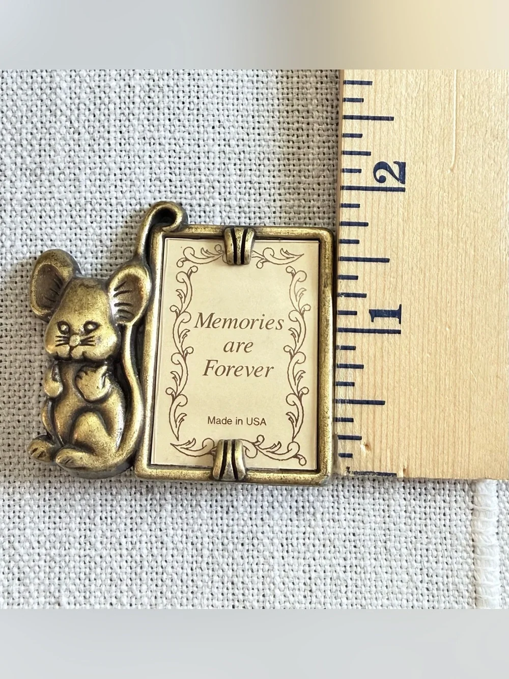 Vintage Miniature  Molded Brass Picture Frame 2.0”x2.25 with Cute Mouse